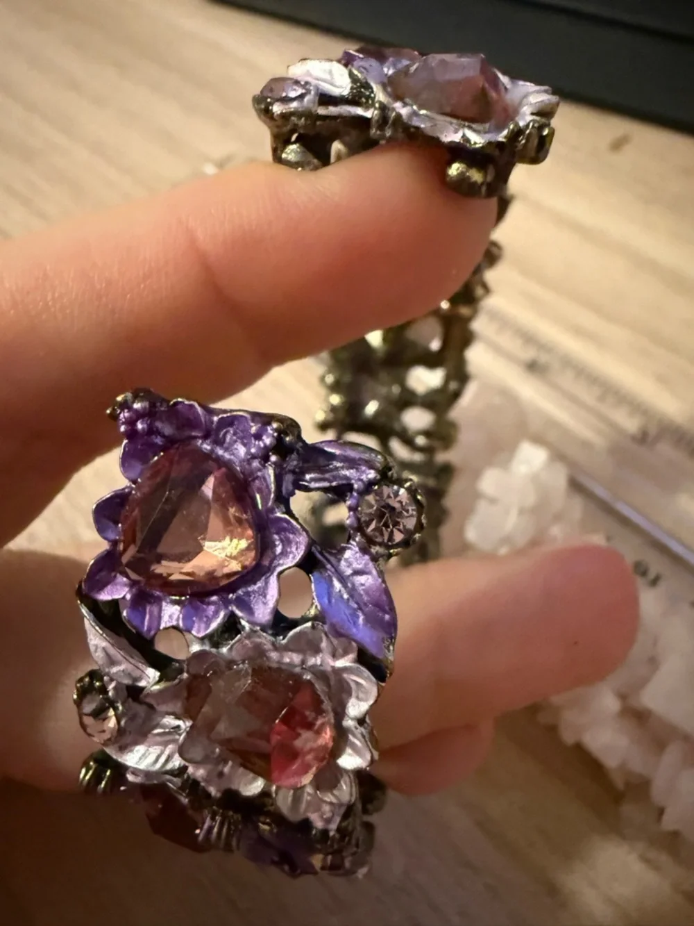 Boho Stretch Bracelet Set White Quartz Chip‎ & Purple Enamel Floral Crystal Cuff